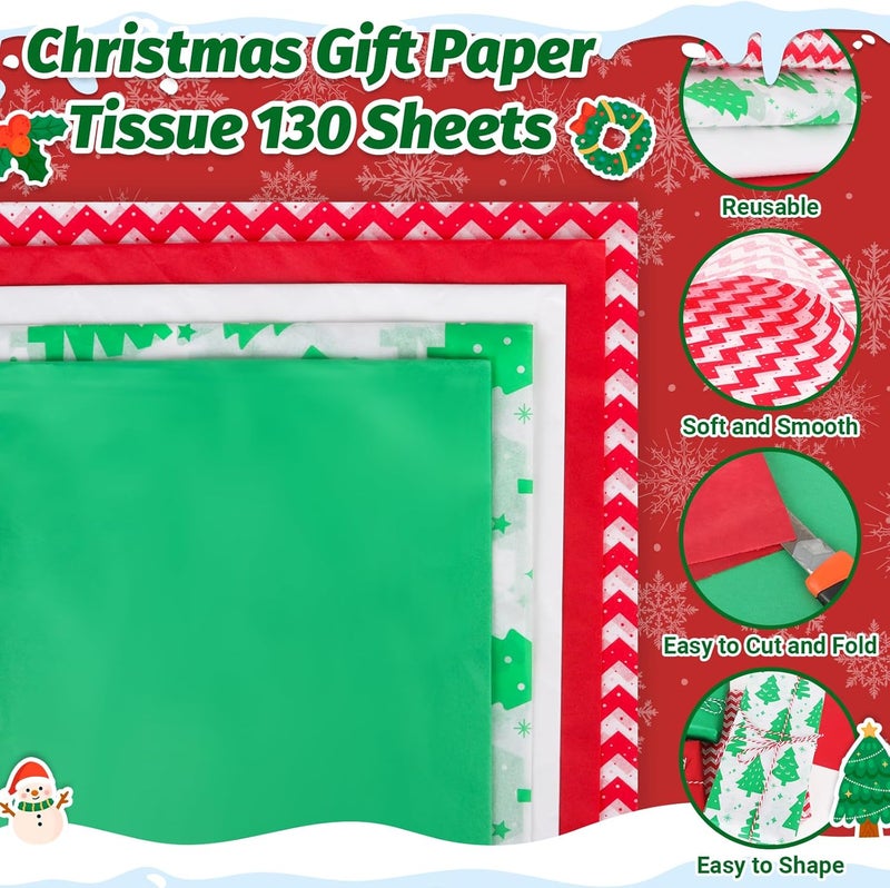 Alotpower 130 Sheets Christmas Tissue Paper, Christmas Gift Wrapping Paper Sheets 19.6 x 13.7 Inch,5 Festive Designs (Red,Green,White,Stripe,Xmas Tree) for Gift Bags, Xmas Presents,DIY Crafts & Party Decoration - Image 4